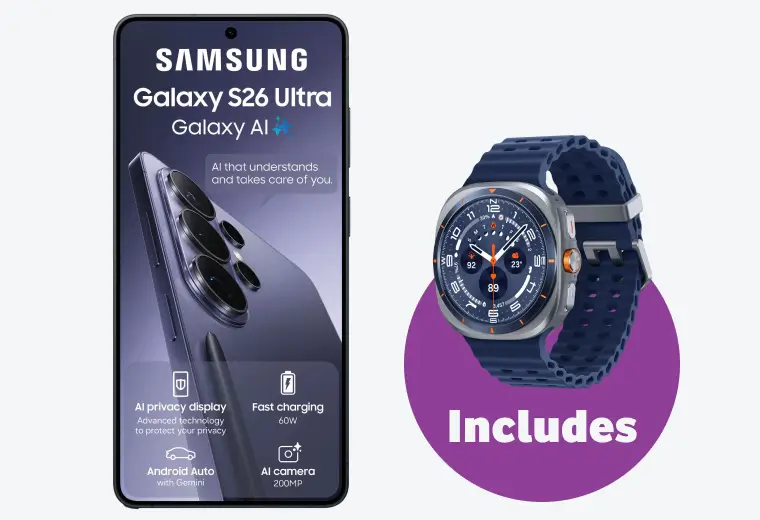 "Samsung Galaxy S26 Ultra promo showing a dark violet phone featuring Galaxy AI, 200 megapixel AI camera, and fast charging. Bundle includes a rugged blue Samsung smartwatch.