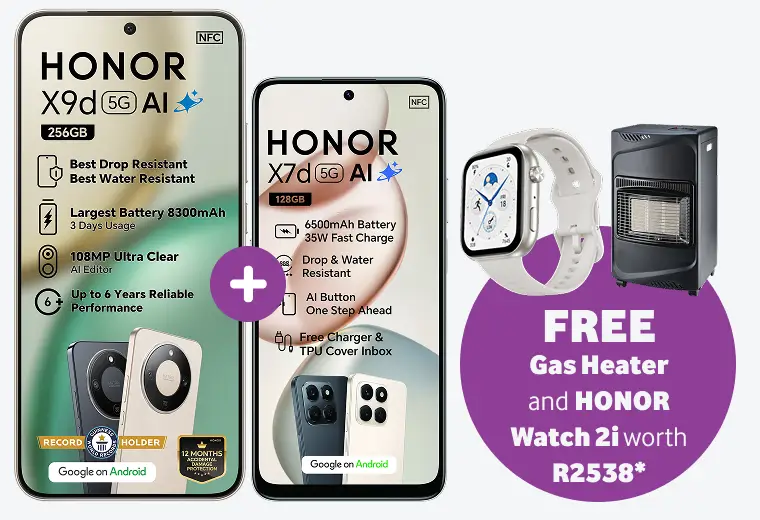Honor X9d 5G AI and Honor X7d 5G AI two-phone bundle deal. Promotion highlights drop resistance, large batteries, and includes a free gas heater and Honor Watch 2i worth R2538.