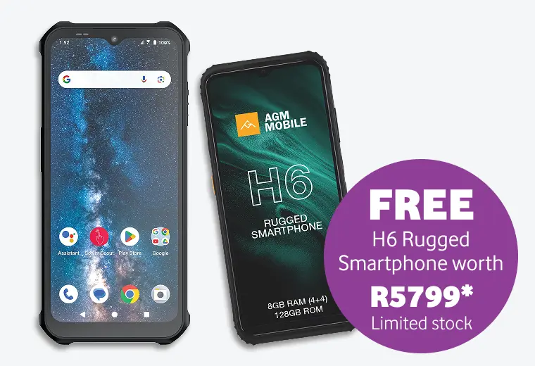 AGM Mobile H6 Rugged Smartphone deal showing the front and back of a durable, shockproof device. Promotion includes a free H6 Rugged Smartphone worth R5799 for limited stock.