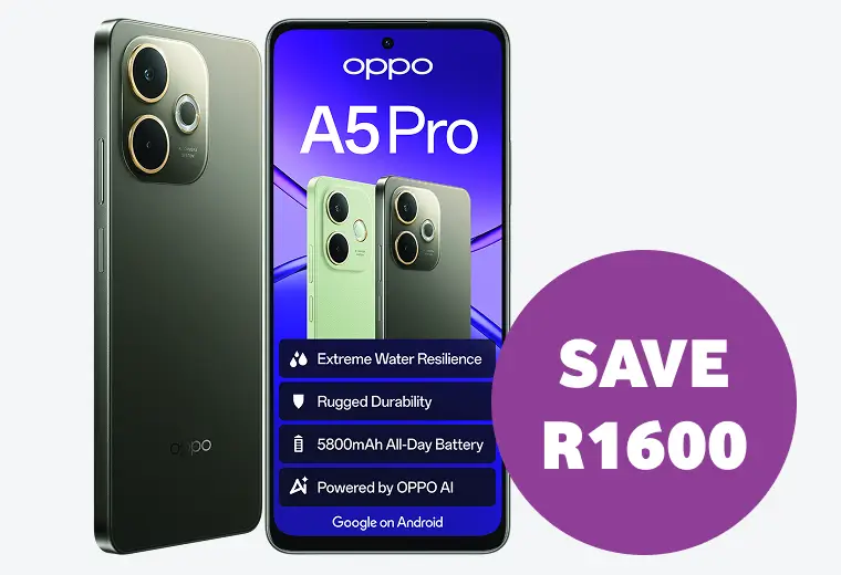 Oppo A5 Pro smartphone promotion in olive green. Highlights include extreme water resilience, rugged durability, 5800mAh battery, and OPPO AI, offering a save of R1600