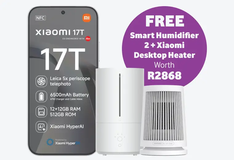 Xiaomi 17T smartphone promo showcasing a Leica 5x periscope telephoto lens, 6500mAh battery, and Xiaomi HyperAI. Includes a free Smart Humidifier 2 and Xiaomi Desktop Heater worth R2868.