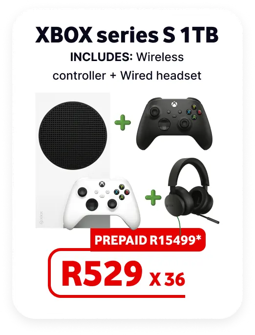 Xbox Series S 1TB bundle Father's Day deal. Offers a prepaid price of R15499 or a finance option of R529 per month over 36 months, reduced from R1699. Includes a white console, a white wireless controller, an extra black wireless controller, and a wired headset.