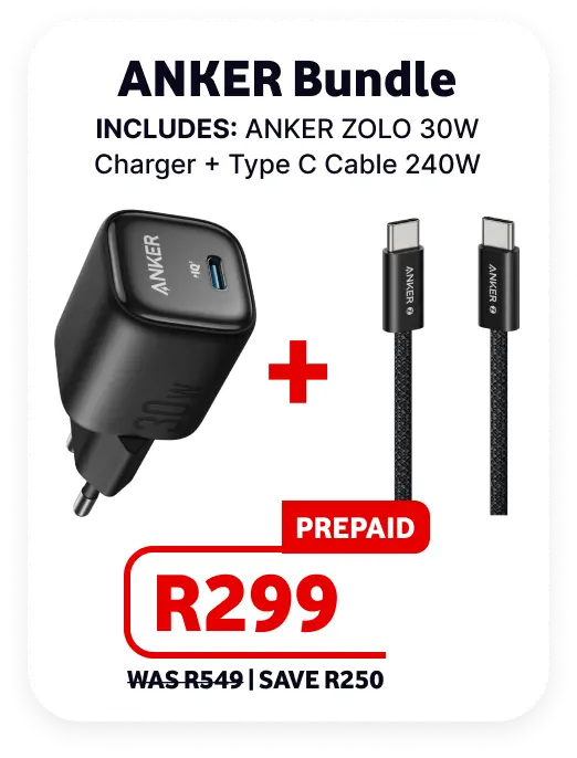 Anker Bundle Father's Day prepaid deal for R299, reduced from R549. Includes a black Anker Zolo 30W wall charger and a braided 240W USB Type-C to Type-C cable.