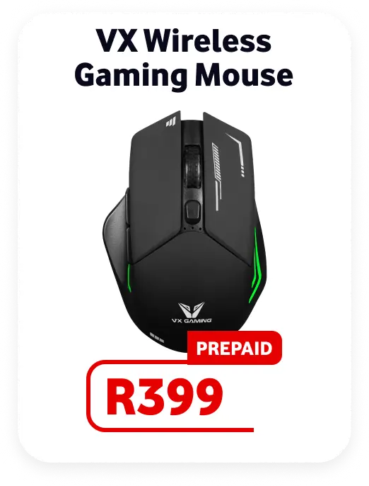 VX Wireless Gaming Mouse Father's Day prepaid deal for R399. Shows an ergonomic black gaming mouse with green LED accents and a textured scroll wheel.
