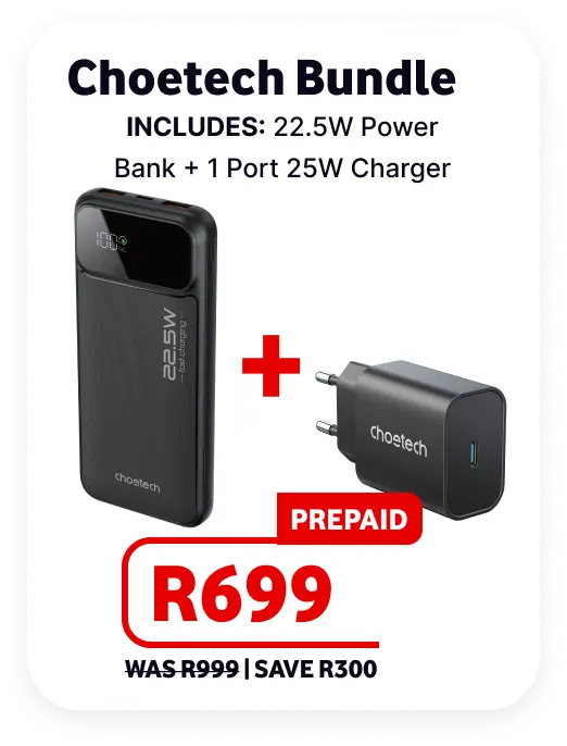 Choetech Bundle Father's Day prepaid deal for R699, reduced from R999. Includes a black 22.5W fast-charging power bank with a digital battery percentage display and a black 1-port 25W wall charger.