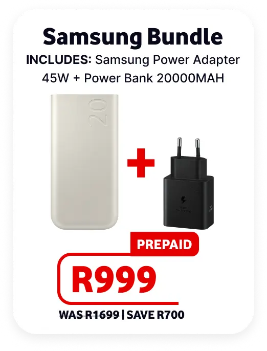 Samsung Bundle Father's Day prepaid deal for R999, reduced from R1699. Includes a white 20000mAh power bank and a black 45W super-fast-charging power adapter.
