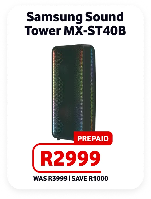Samsung Sound Tower MX-ST40B Father's Day prepaid deal for R2999, reduced from R3999. Shows a tall black party speaker with colorful LED lighting strips along the edges.