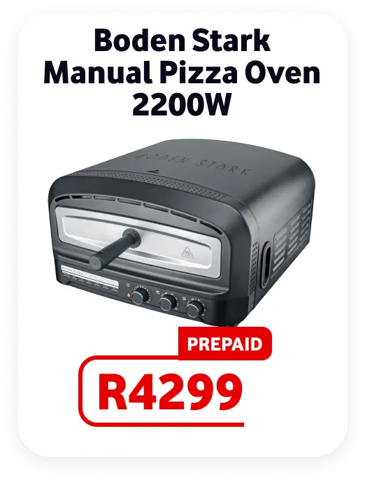 Boden Stark Manual Pizza Oven 2200W Father's Day prepaid deal for R4299. Shows a matte black tabletop electric pizza oven with an insulated handle and manual control dials on the front.