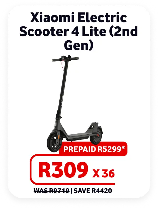 Xiaomi Electric Scooter 4 Lite (2nd Gen) Father's Day deal. Offers a prepaid price of R5299 or a finance option of R309 per month over 36 months, reduced from R9719