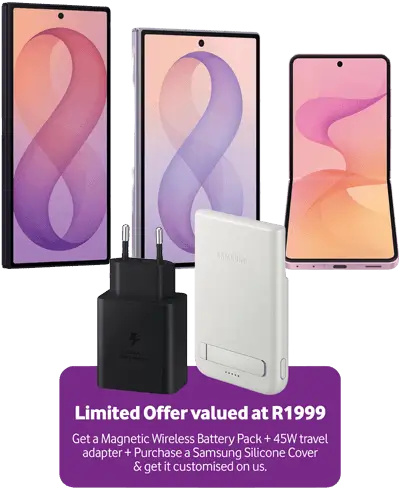 Samsung Galaxy Z series pre-order promotion featuring a limited offer valued at R1999 including a Magnetic Wireless Battery Pack, 45W travel adapter, and custom Samsung Silicone Cover