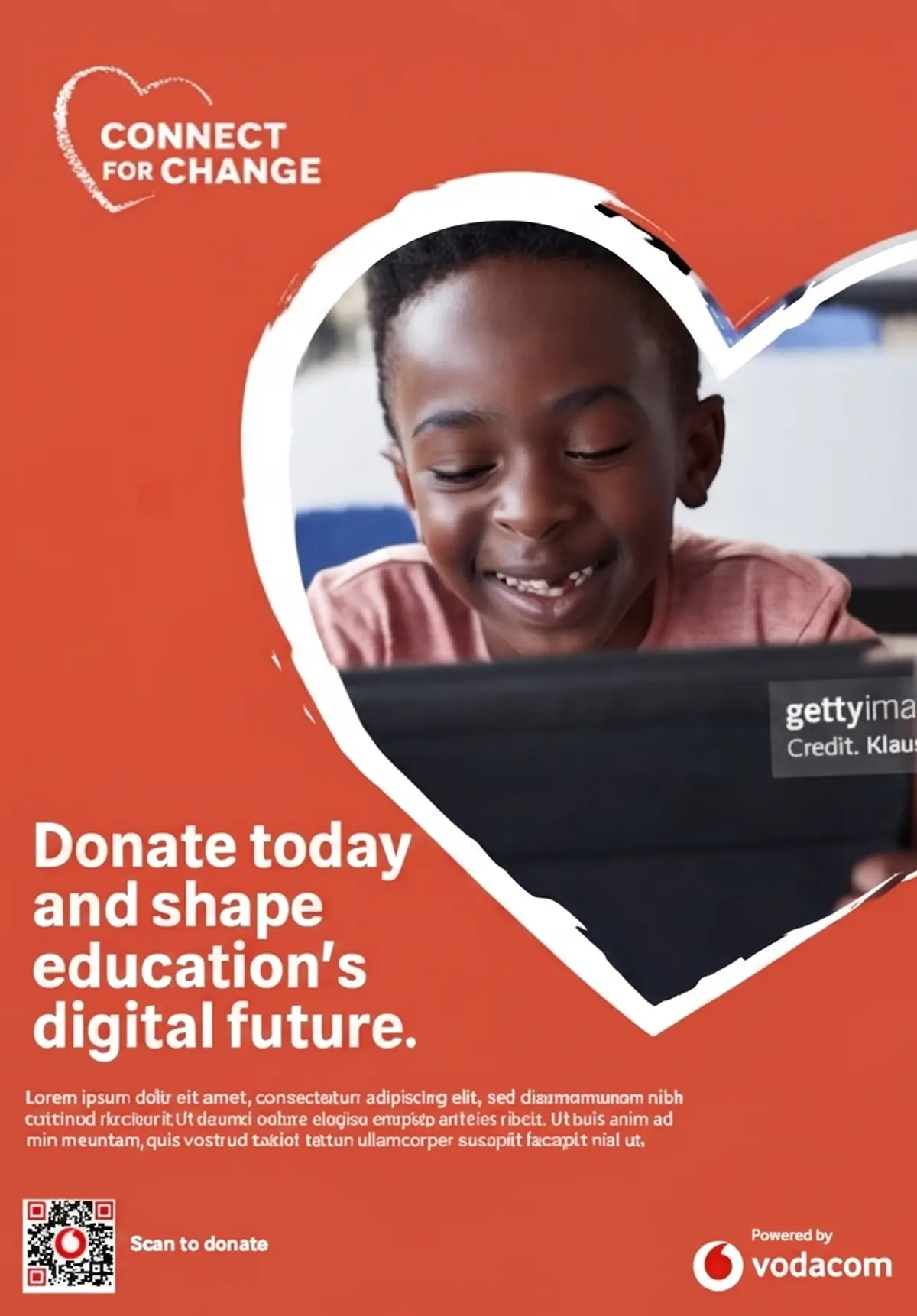 Connect for Change promotional poster on a red background, featuring a young boy smiling as he looks at a tablet inside a heart-shaped frame. Text reads: Donate today and shape education's digital future.
