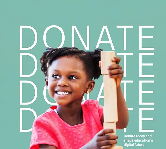 A young girl smiling brightly while playing with wooden building blocks against a mint green background with the repeated text 'DONATE'