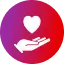 Circular icon with a purple and red gradient background, showing a white open hand holding a floating heart.