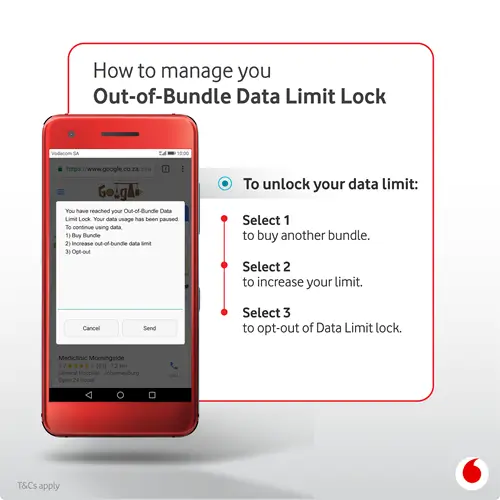 An instructional graphic by Vodacom titled "How to manage your Out-of-Bundle Data Limit Lock." It displays a red smartphone on the left showing an out-of-bundle pop-up notification. Text on the right explains how to unlock the limit: Select 1 to buy another bundle, Select 2 to increase your limit, or Select 3 to opt-out of Data Limit lock.