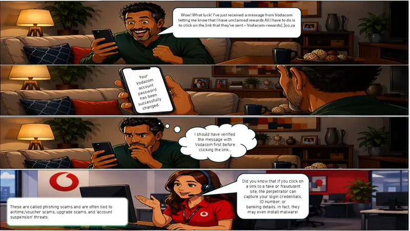 Four-panel comic illustrating a Vodacom phishing scam: a man clicks a fake rewards link, gets his password changed, regrets not verifying the link, and a customer service representative explains how phishing works.