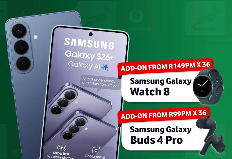 Samsung Galaxy S26 Plus deal on a green Springboks patterned background. Shows the blue smartphone alongside add-on offers for a Samsung Galaxy Watch 8 from R149 per month x 36 and Samsung Galaxy Buds 4 Pro from R99 per month x 36.