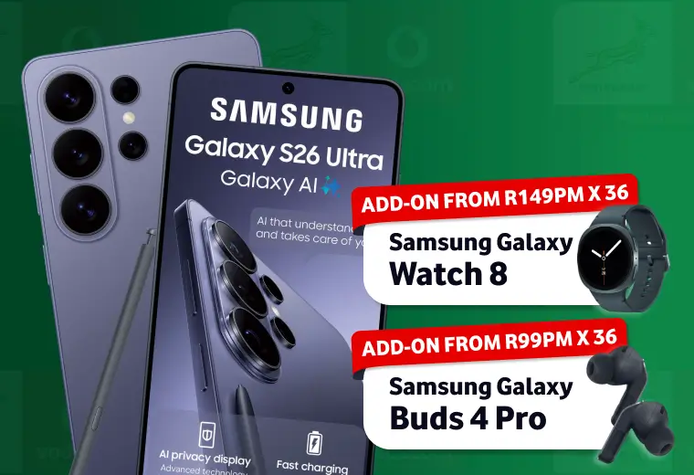 Samsung Galaxy S26 Ultra deal on a green Springboks patterned background. Shows the titanium grey smartphone with its S Pen alongside add-on offers for a Samsung Galaxy Watch 8 from R149 per month x 36 and Samsung Galaxy Buds 4 Pro from R99 per month x 36