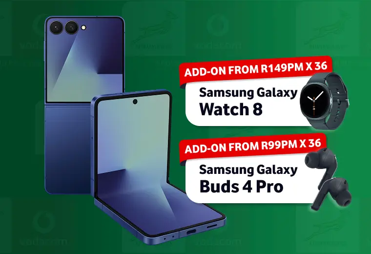 Samsung Galaxy Z Flip smartphone deal on a green Springboks background. Features the dark blue foldable phone shown from the back cover and partially unfolded, with optional add-ons for the Galaxy Watch 8 from R149pm and Galaxy Buds 4 Pro from R99pm.