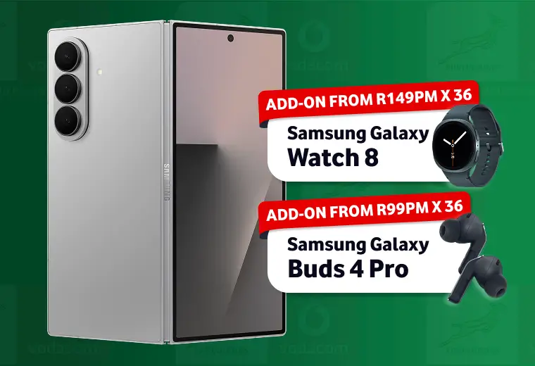 Samsung Galaxy Z Fold smartphone deal on a green Springboks background. Features the silver foldable phone shown from the triple-camera back panel and large front screen, with optional add-ons for the Galaxy Watch 8 from R149pm and Galaxy Buds 4 Pro from R99pm.