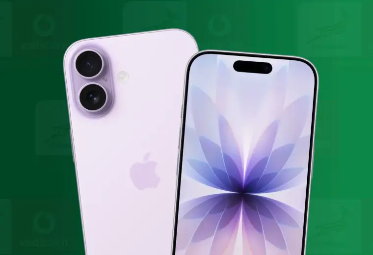 Close-up front and back view of a purple Apple iPhone showcasing its dual-camera setup and dynamic wallpaper, set against a green Vodacom and Springboks branded background.