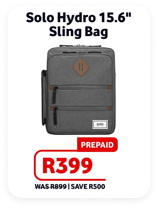 Solo Hydro 15.6-inch Sling Bag promotional card showcasing a grey textured backpack-style sling bag. Prepaid price R399, marked down from R899, saving R500