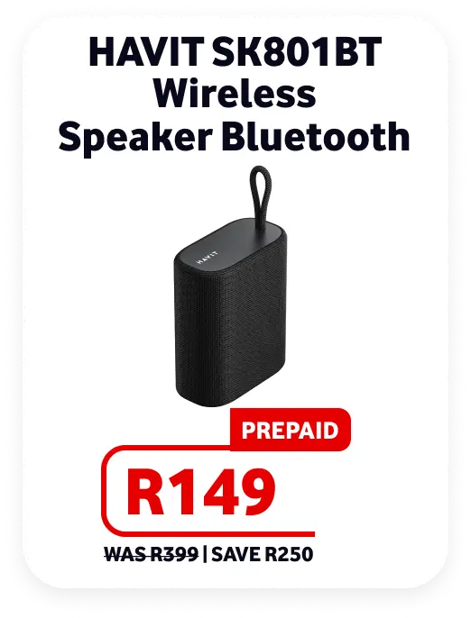 Havit SK801BT Wireless Bluetooth Speaker promotional card featuring a compact black mesh speaker with a carrying loop. Prepaid price R149, marked down from R399, saving R250.