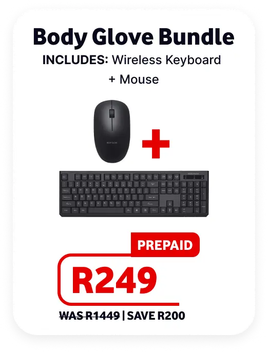 Body Glove Bundle promotional card including a black wireless keyboard and matching mouse. Prepaid price R249, marked down from R1449, saving R200.