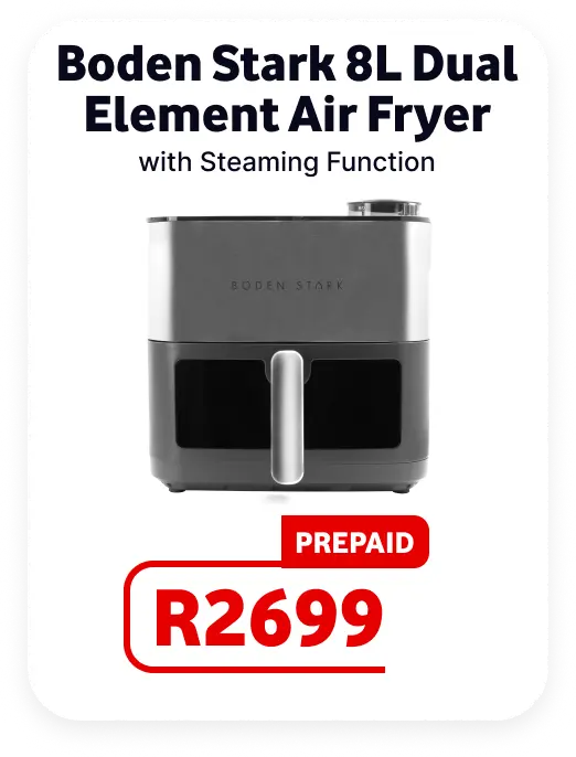 Boden Stark 8L Dual Element Air Fryer with Steaming Function promotional card showcasing a silver and black dual-zone air fryer. Prepaid price R2699