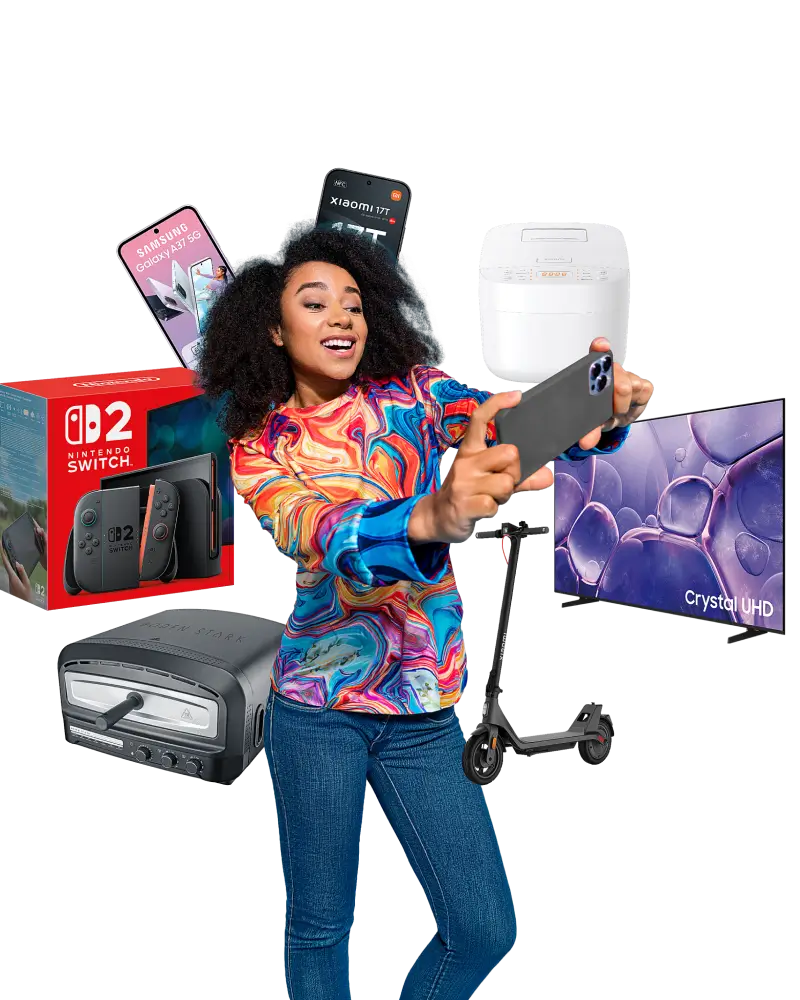 A smiling woman taking a selfie surrounded by floating consumer electronics, including a Nintendo Switch box, a Samsung Galaxy A37 5G phone, a Xiaomi 17T phone, a white rice cooker, a Crystal UHD TV, a Xiaomi electric scooter, and a Boden Stark pizza oven.
