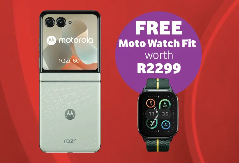 Motorola Razr 60 foldable smartphone in sage green, alongside a purple promotional badge offering a free Moto Watch Fit worth R2299 with a green and yellow strap.