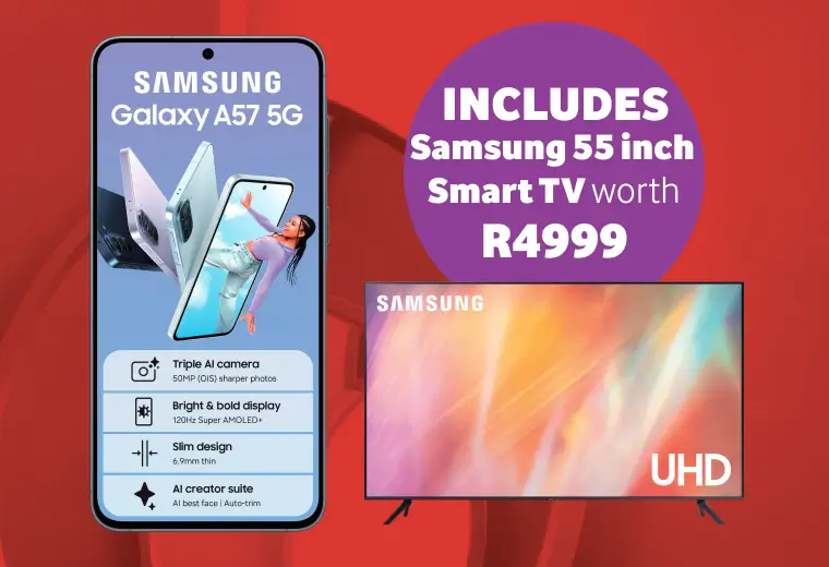 Samsung Galaxy A57 5G smartphone deal highlighting key features: Triple AI camera 50MP, Bright and bold 120Hz Super AMOLED plus display, 6.9mm slim design, and AI creator suite. Includes a Samsung 55 inch Smart UHD TV worth R4999