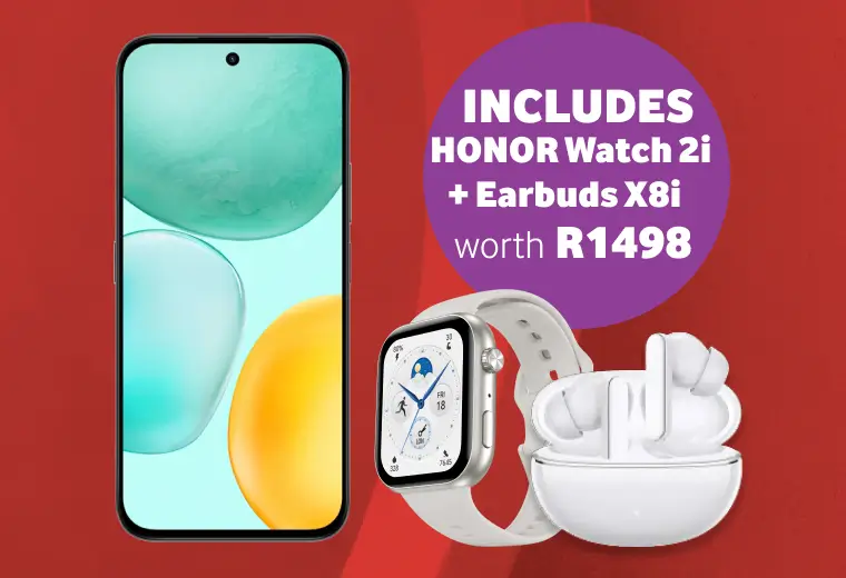 Smartphone package offer featuring a teal and yellow screen display. Includes a white HONOR Watch 2i and a pair of white Earbuds X8i inside an open charging case, worth R1498 total.