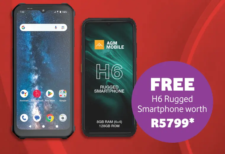 AGM Mobile H6 Rugged Smartphone deal showing the front and back of a durable, shockproof device. Promotion includes a free H6 Rugged Smartphone worth R5799 for limited stock.