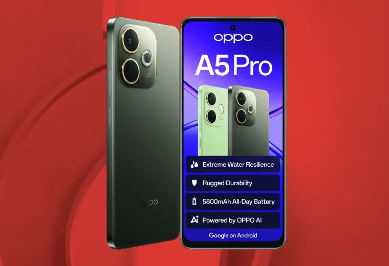 OPPO A5 Pro smartphone promotional graphic showing the dark green back panel and camera housing. Screen text highlights extreme water resilience, rugged durability, 5800mAh all-day battery, and OPPO AI powered by Google on Android