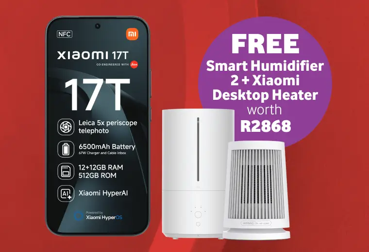 Xiaomi 17T smartphone deal showing a Leica 5x periscope telephoto lens, 6500mAh battery, 12 plus 12GB RAM, 512GB ROM, and Xiaomi HyperAI features. Includes a free Smart Humidifier 2 and a Xiaomi Desktop Heater worth R2868.