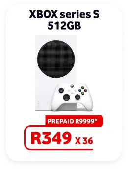 Xbox Series S 1TB bundle promotional card including the white console, two wireless controllers (one black, one white), and a wired headset. Prepaid price R15499 or R529 per month over 36 months.