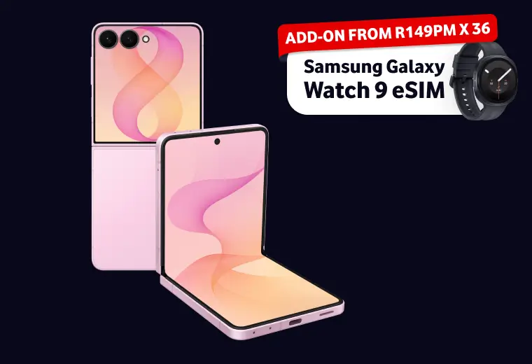 A pink clamshell foldable smartphone shown half-open next to its back profile, featuring a promotional add-on for a Samsung Galaxy Watch 9 eSIM.