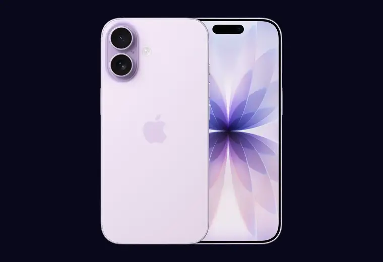 A light purple Apple iPhone showing its front display with a floral wallpaper and its back panel with a vertical dual-lens camera.
