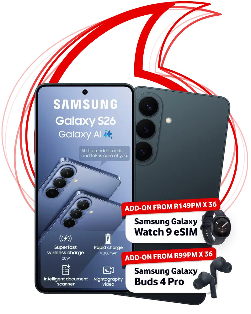 Promotional banner for the dark green Samsung Galaxy S26 highlighting Galaxy AI features and battery specs, alongside add-on deals for a Galaxy Watch 9 and Buds 4 Pro against a red Vodacom logo.