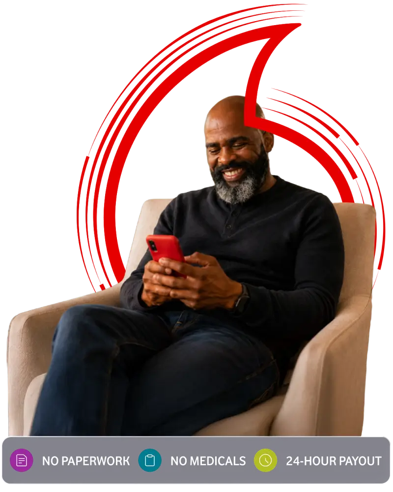 Smiling man seated in an armchair using his smartphone, with the Vodacom logo background and benefits highlighting no paperwork, no medicals, and a 24-hour payout.