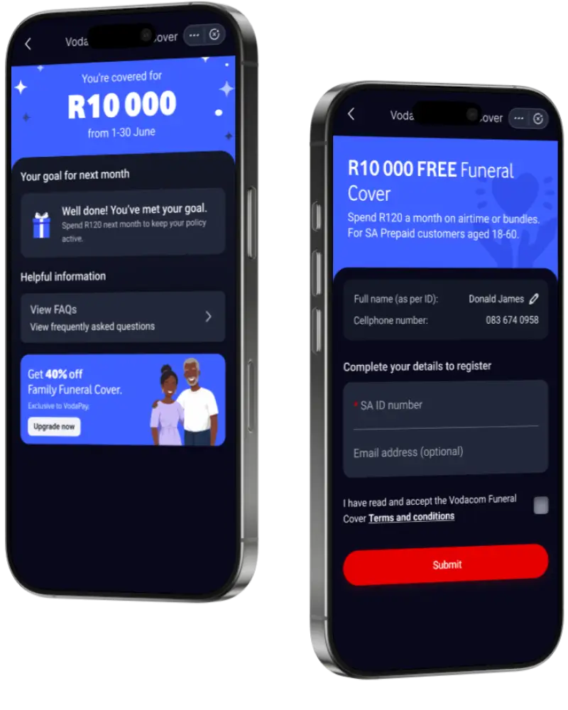 Two smartphone screens displaying the Vodacom R10 000 Free Funeral Cover app interface and registration details.
