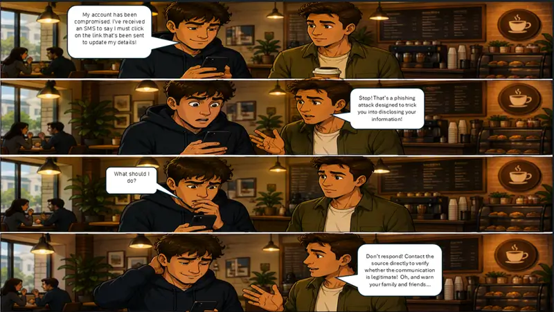 Comic strip showing a conversation between two men in a coffee shop about a phishing attempt via SMS, warning against clicking suspicious links.
