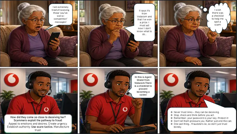 8-panel comic depicting a SIM swap scam involving Mrs. Brown, a scammer, and a Vodacom call center agent