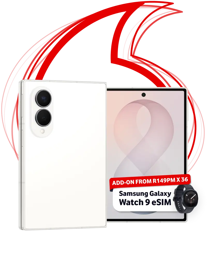Promotional banner featuring a white book-style foldable smartphone and an add-on deal for a Samsung Galaxy Watch 9 eSIM, set against a background with a red Vodacom logo.