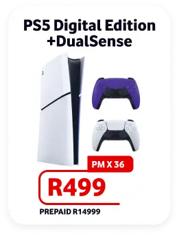 PS5 Digital Edition with DualSense Controllers on promotion for R499 per month x 36 or R14999 prepaid