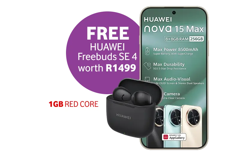 Huawei nova 15 Max smartphone promotion with 1GB Red Core and free Huawei Freebuds SE 4 valued at R1499.