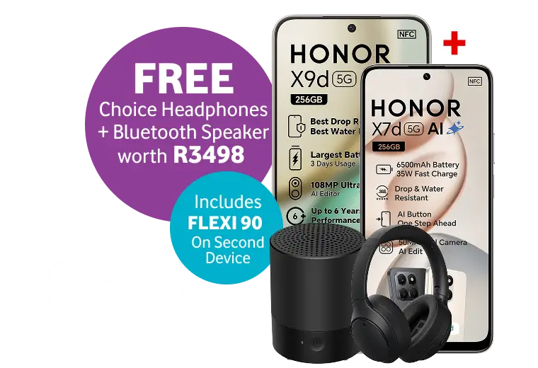 Honor X9d 5G and X7d 5G AI smartphones bundle with free Choice Headphones, Bluetooth Speaker, and Flexi 90 second device plan.
