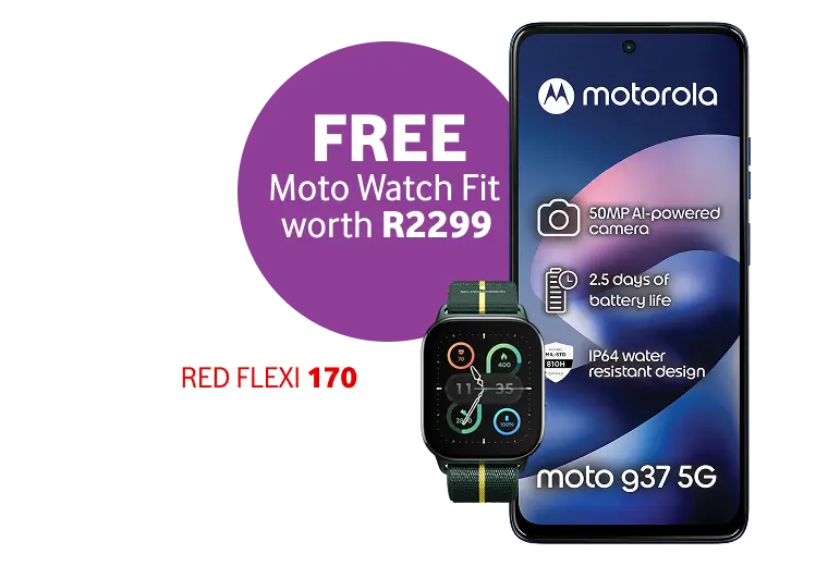 Motorola Moto g37 5G smartphone offer featuring 50MP AI camera, 2.5 days battery life, and free Moto Watch Fit worth R2299.