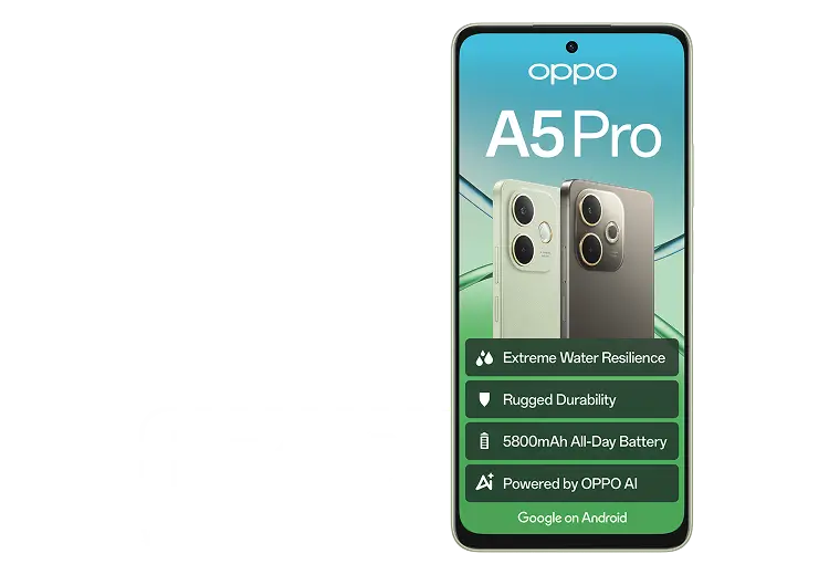 OPPO A5 Pro smartphone featuring water resilience, rugged durability, 5800mAh battery, and OPPO AI features.