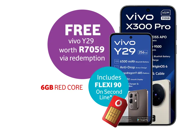 Vivo X300 Pro and Y29 smartphone deal with free Vivo Y29 offer, 6GB Red Core, and Flexi 90 line.